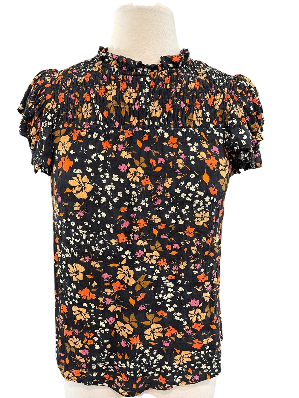Caballero High Neck Smocked Flutter Sleeve Top Black Floral SZ M